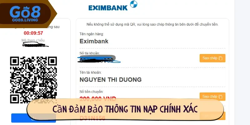 Cần đảm bảo thông tin nạp chính xác